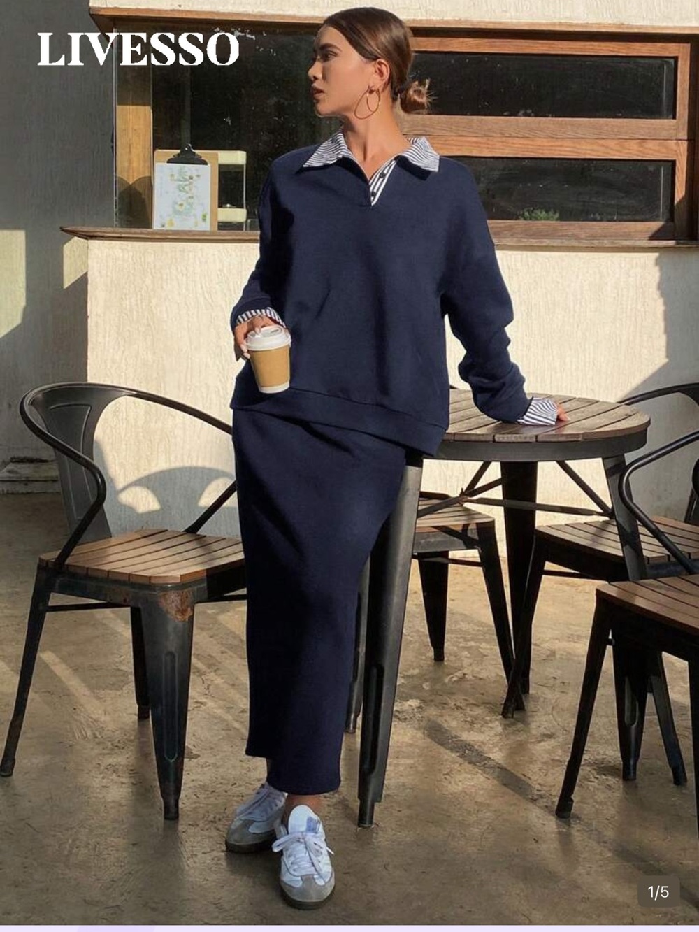 Two piece navy blue fall winter sweater set long sleeve collared sweater w skirt